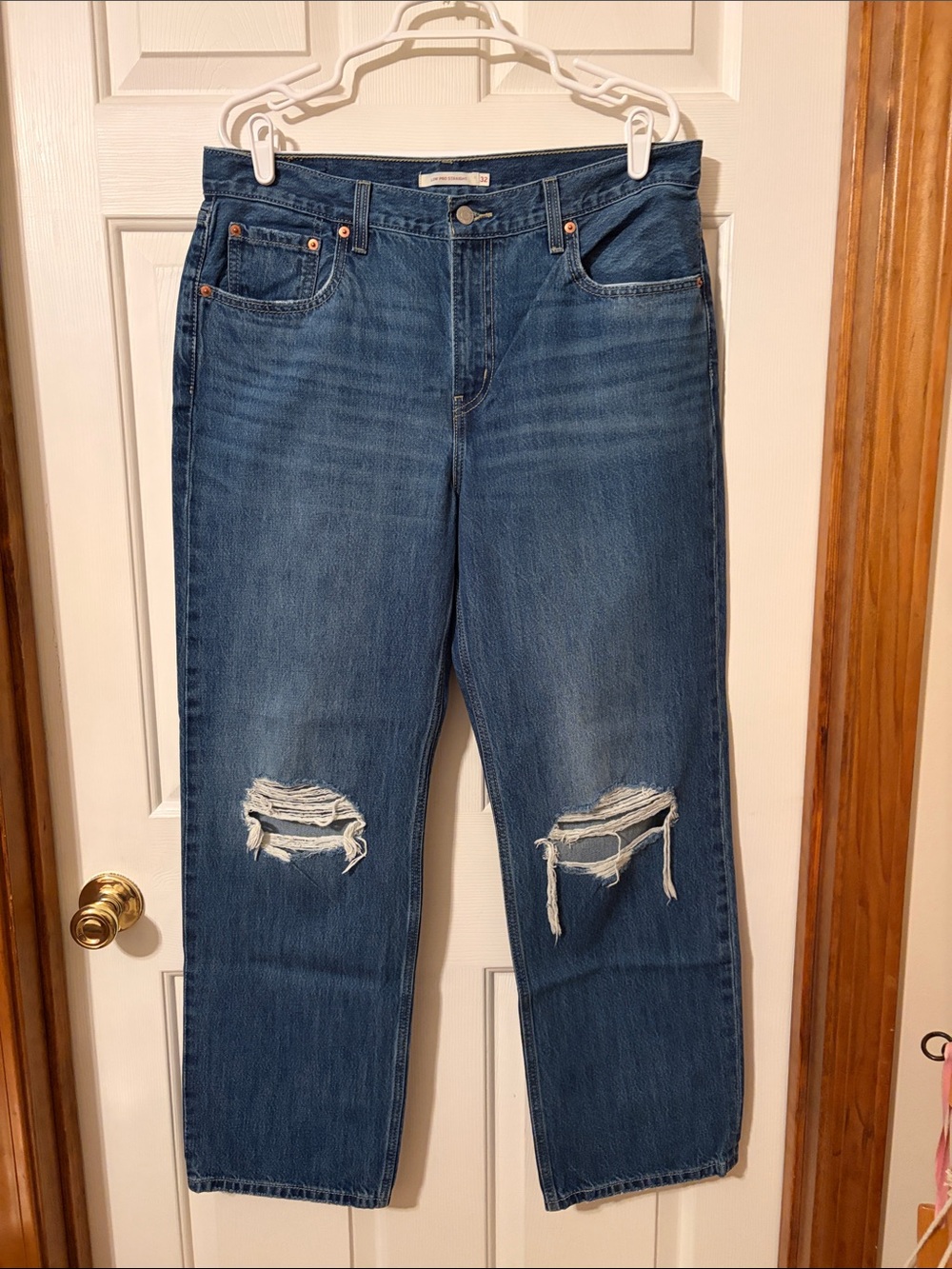 Levi’s Women's Low Pro Straight Distressed Blue Jeans - Classic Denim